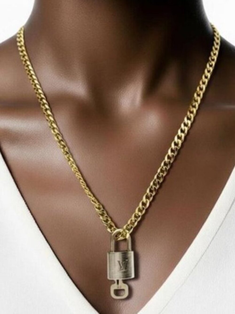 Stainless Steel Gold-Plated Necklace with Authentic Louis Vuitton Padlock